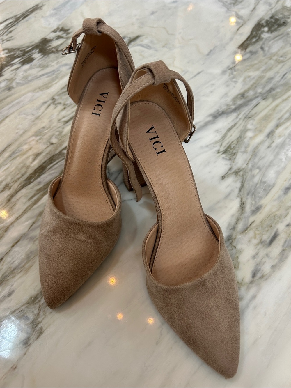 VICI Taupe Suede Pointed-Toe Ankle-Strap Pumps